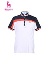 Men's short sleeve polo, in white, black and orange color blocking.