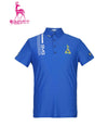 Men's short sleeve polo, in blue, with white trims and yellow slogan print. 