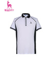 Men's short sleeve polo, in black and white color blocking.