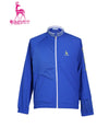 Men's long sleeve windbreaker with stand collar, in blue, white and yellow slogan print.