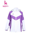 Men's hooded rain jacket, in white and purple color blocking.