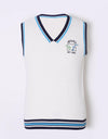 Men's knit vest with logo embroidery, in white, blue and navy stripe trims.