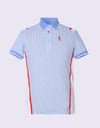 Men's short sleeve polo, blue plaid, red stripes and white color blocking on both sides.