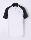 Men's white short sleeve polo, with green stripe trims, black contrasting sleeves
