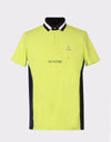 Men's short sleeve polo, in yellow, with black color blocking on both sides.