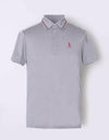 Men's short sleeve polo, with navy and white color blocking on sleeves.