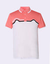 Men's short sleeve polo, with black trim, orange and white color blocking.