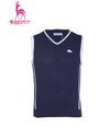 Men's knit vest, with white stripe accents, in blue.