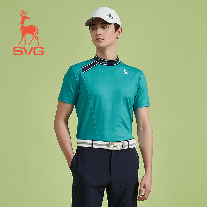 SVG Golf Men's Peacock Blue Printed Short-sleeved Stand Collar T-shirt