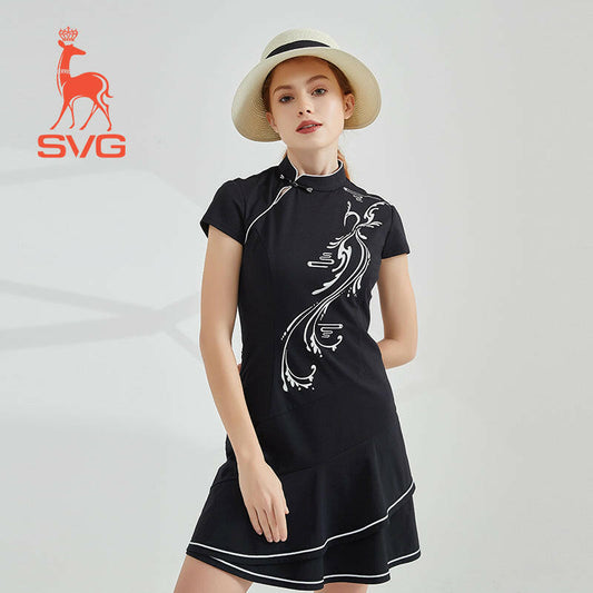 SVG Golf Women's Black Printed Cheongsam Ruffled Golf Dress