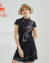 SVG Golf Women's Black Printed Cheongsam Ruffled Golf Dress
