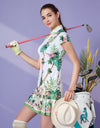 Women's mid-length cheongsam, in white floral, and humingbird print.