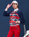 Women's long sleeve jacket with marine collar, camouflage print, contrasting navy sleeves.
