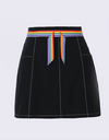 Women's black A-Line skirt with rainbow waist tie, back pockets.