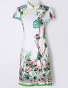 Women's mid-length cheongsam, in white floral, and humingbird print.