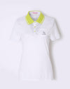 Women's short sleeve polo, in white, mesh sides and shoulder.